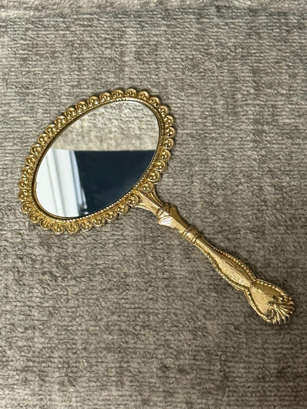 Vintage French Gilt Ornate 2-Side Hand Mirror with Metal Handle